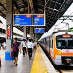 **

A bustling Bangkok railway station platform at rush hour. Modern electric trains are arriving and departing, showcasing a mix of passengers – students, office workers, and vendors. In the background, elevated train tracks weave through the cityscape. Focus on capturing the energy and efficiency of the urban rail system in Thailand. Include Thai signage and branding elements.

**