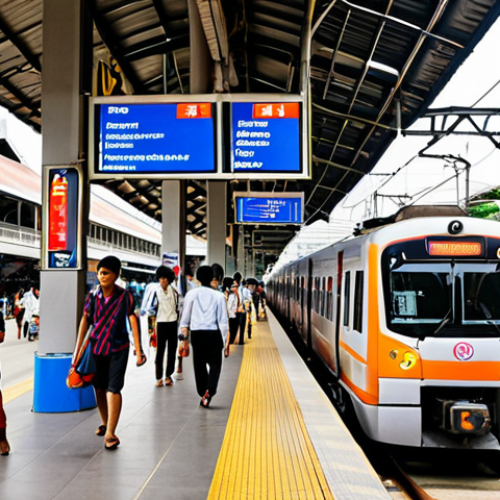 Home 14 **
A bustling Bangkok railway station platform at rush hour. Modern electric trains are arriving and departing, showcasing a mix of passengers – students, office workers, and vendors. In the background, elevated train tracks weave through the cityscape. Focus on capturing the energy and efficiency of the urban rail system in Thailand. Include Thai signage and branding elements.
**