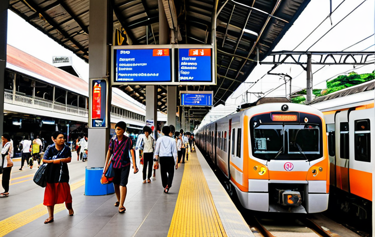 **

A bustling Bangkok railway station platform at rush hour. Modern electric trains are arriving and departing, showcasing a mix of passengers – students, office workers, and vendors. In the background, elevated train tracks weave through the cityscape. Focus on capturing the energy and efficiency of the urban rail system in Thailand. Include Thai signage and branding elements.

**