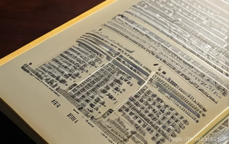 철도 차량 정비 매뉴얼 분석 - A close-up shot of a very thick, aged, yet well-maintained train maintenance manual, its pages sligh...