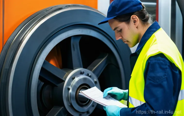 철도 차량 정비 매뉴얼 분석 - A close-up shot of a very thick, aged, yet well-maintained train maintenance manual, its pages sligh...