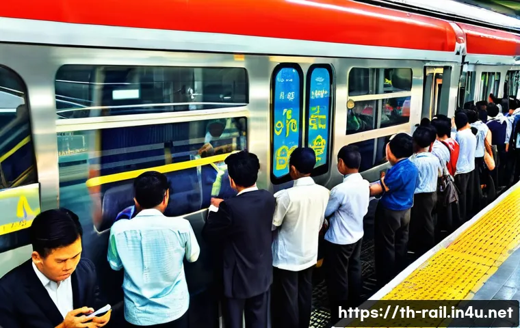 철도 시스템 오작동 사례 분석 - **Prompt: Bangkok Commuter's Frustration During a Train Delay**
    A highly detailed photograph cap...
