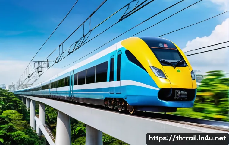 철도 전문가로 성장하는 법 - A modern electric high-speed train speeding along a sleek, elevated railway track in Thailand during...