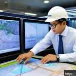 철도기사와 철도기술사 차이점 - A detailed engineering workspace scene showcasing a Thai railway engineer in professional attire, wo...