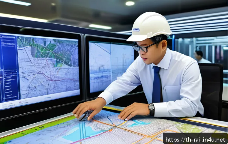 철도기사와 철도기술사 차이점 - A detailed engineering workspace scene showcasing a Thai railway engineer in professional attire, wo...
