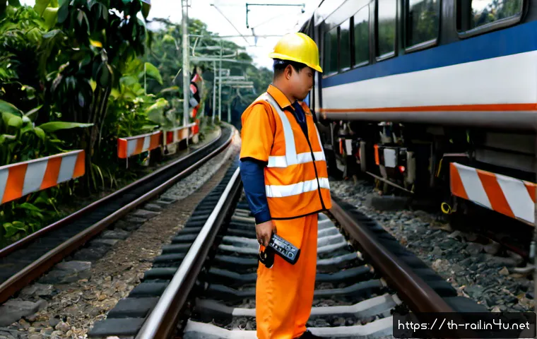 철도 안전사고 예방 사례 - Photorealistic railway safety prevention scene in Thailand, a uniformed rail worker in high-visibili...