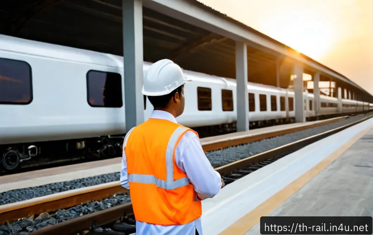 Home 29 철도기사 해외 취업 사례 - Photorealistic Thai railway engineer in clean safety uniform and hard hat standing beside a modern h...